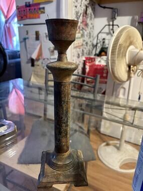 Vintage Heavy Bronze Cast Iron Candlestick Holder 12" Green Patina Gothic Rustic